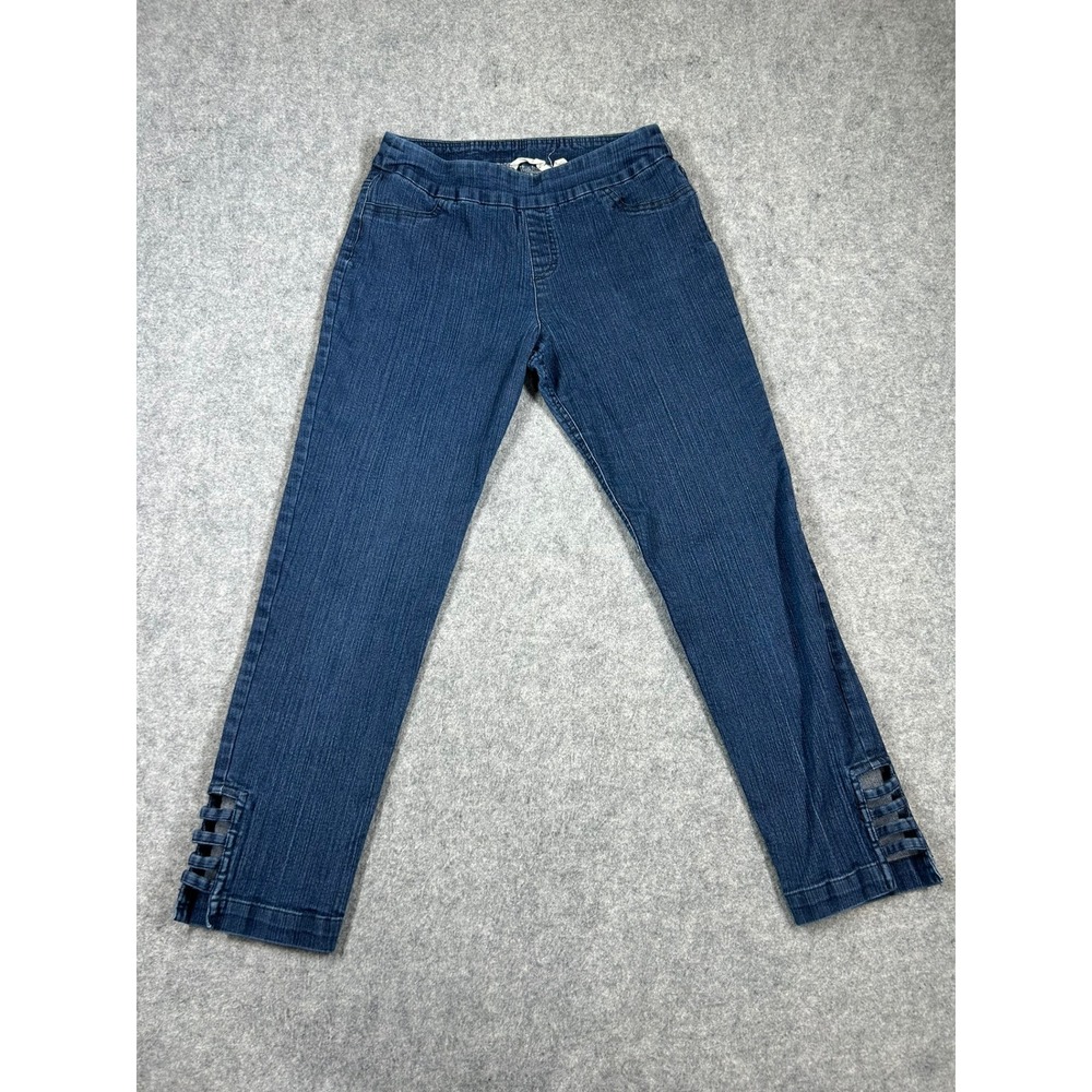 Soft Surroundings Pull On Jeans Womens S Blue Lattice Hem Cropped Denim Jeggings